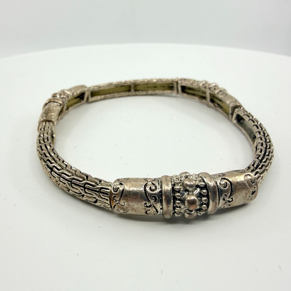 VTG Bali Silver Tone Textured Woven Faux Chain Link Stretch Bracelet